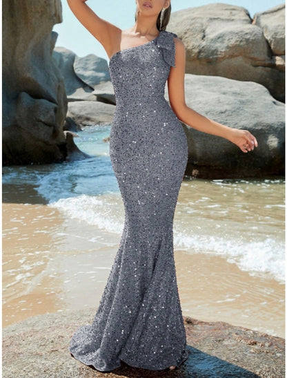 Mermaid / Trumpet Evening Gown Sparkle & Shine Dress Formal Wedding Guest Sweep / Brush Train Sleeveless One Shoulder Sequined with Glitter Shouder Flower