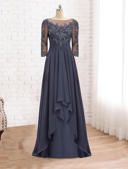 A-Line Mother of the Bride Dress Elegant V Neck Floor Length Chiffon Lace 3/4 Length Sleeve with Ruffles Appliques