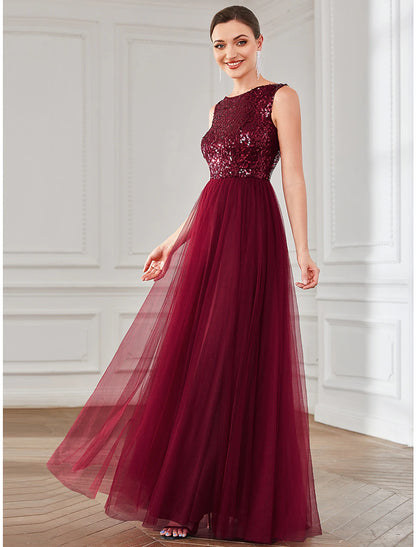 A-Line Party Dresses Sparkle & Shine Dress Wedding Guest Birthday Floor Length Sleeveless Jewel Neck Tulle with Sequin