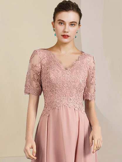 Two Piece A-Line Mother of the Bride Dress Formal Wedding Guest Elegant High Low V Neck Asymmetrical Tea Length Chiffon Lace Short Sleeve Wrap Included with Pleats Appliques