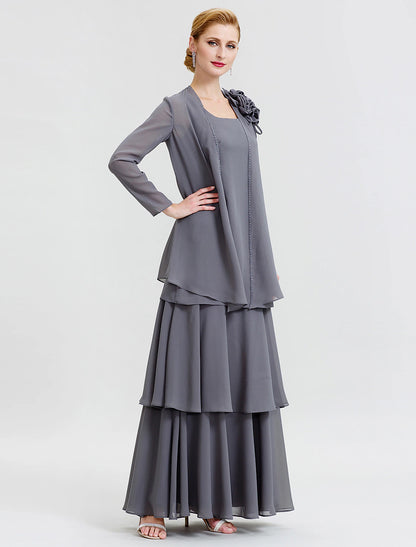 A-Line Mother of the Bride Dress Formal Floral Convertible Dress Scoop Neck Floor Length Chiffon Long Sleeve Wrap Included with Beading Flower Tiered