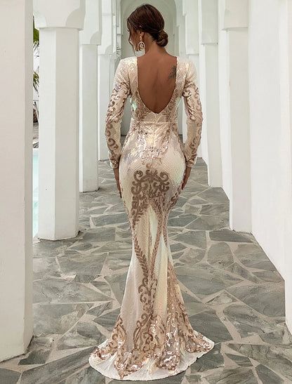 Mermaid / Trumpet Evening Gown Sparkle & Shine Dress Formal Wedding Guest Sweep / Brush Train Long Sleeve Jewel Neck Polyester Backless with Sequin