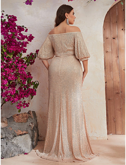 A-Line Wedding Guest Dresses Sparkle Plus Size Dress Sequin Formal Evening Party Dress Floor Length Long Sleeve Off Shoulder