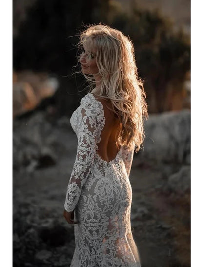 Beach Open Back Boho Wedding Dresses Mermaid / Trumpet V Neck Long Sleeve Court Train Lace Bridal Gowns With Appliques