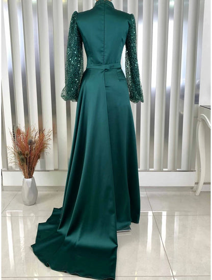 A-Line Evening Gown Champagne Christmas Elegant Dress Formal Sweep / Brush Train Long Sleeve High Neck Satin with Glitter Pleats Ruched