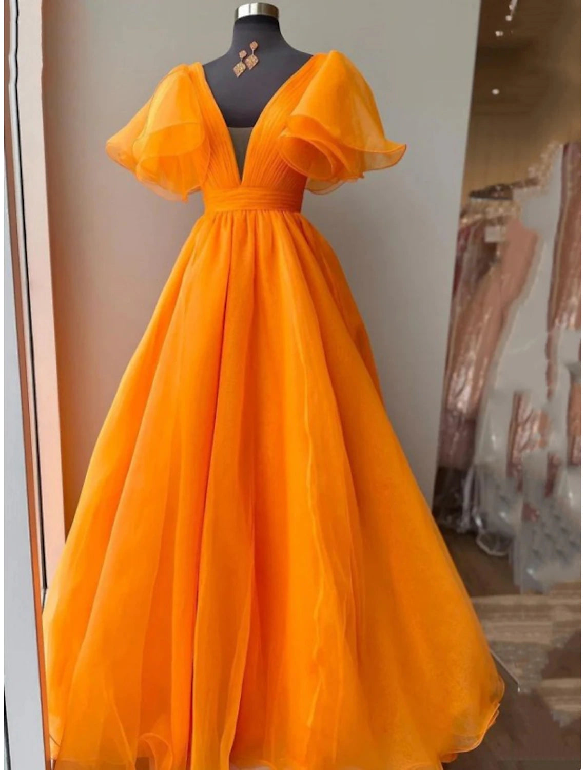 Ball Gown Evening Gown Celebrity Style Dress Wedding Party Dress Floor Length Short Sleeve V Neck Fall Wedding Guest Organza with Pleats Ruffles