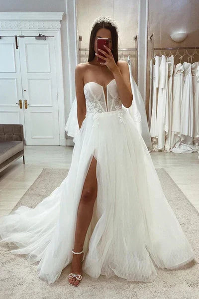 A-Line Sweetheart Detachable Long Sleeve Lace Wedding Dress