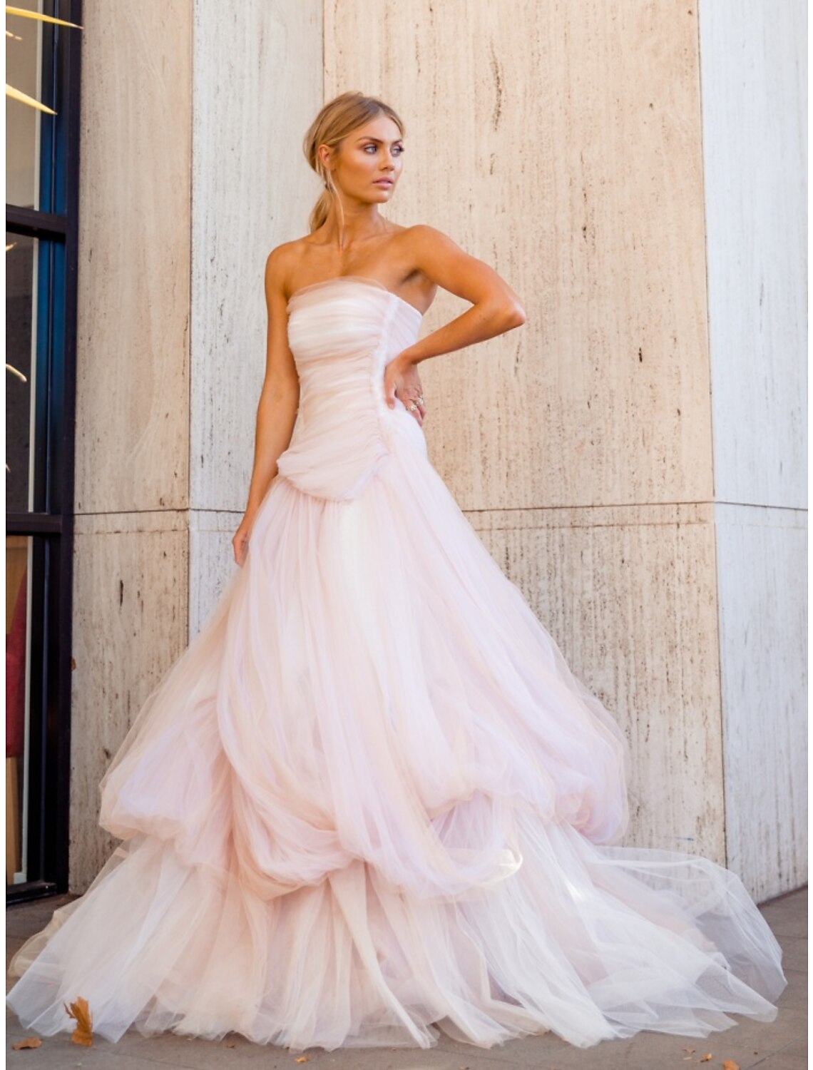 A-Line Evening Gown Elegant Dress Formal Court Train Sleeveless Strapless Tulle with Pleats Ruched