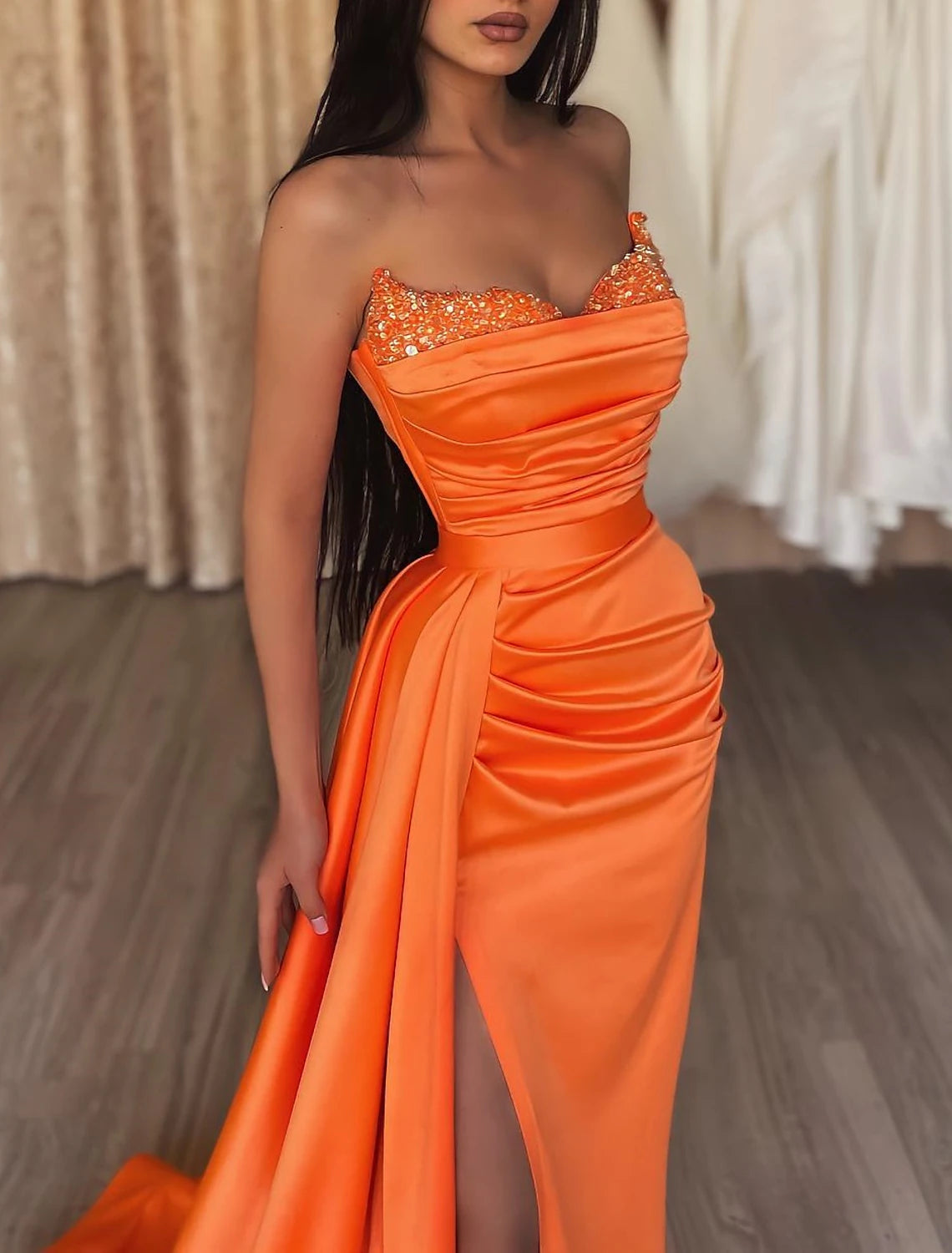 Mermaid Ruched Evening Gown Satin Dress Cocktail Party Prom Court Train Sleeveless Strapless Bridesmaid Dress with Beading Sequin Pure Color