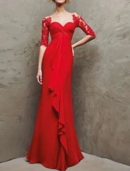 Sheath Red Green Dress Elegant Formal Evening Dress Sweetheart Neckline Half Sleeve Floor Length Chiffon with Ruffles Lace Insert
