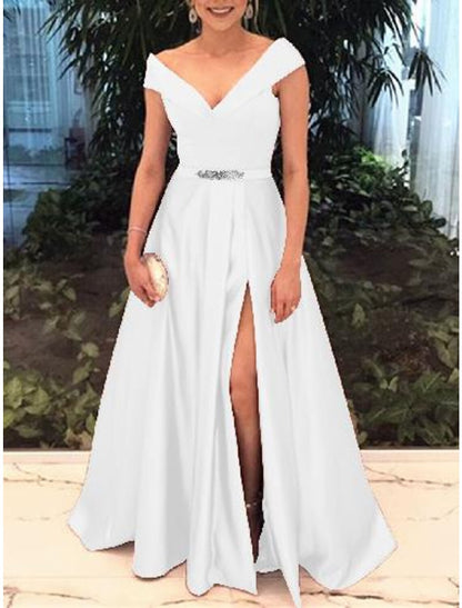 A-Line Evening Gown Elegant Dress Valentine's Day Prom Sweep / Brush Train Short Sleeve Off Shoulder Satin with Split Front