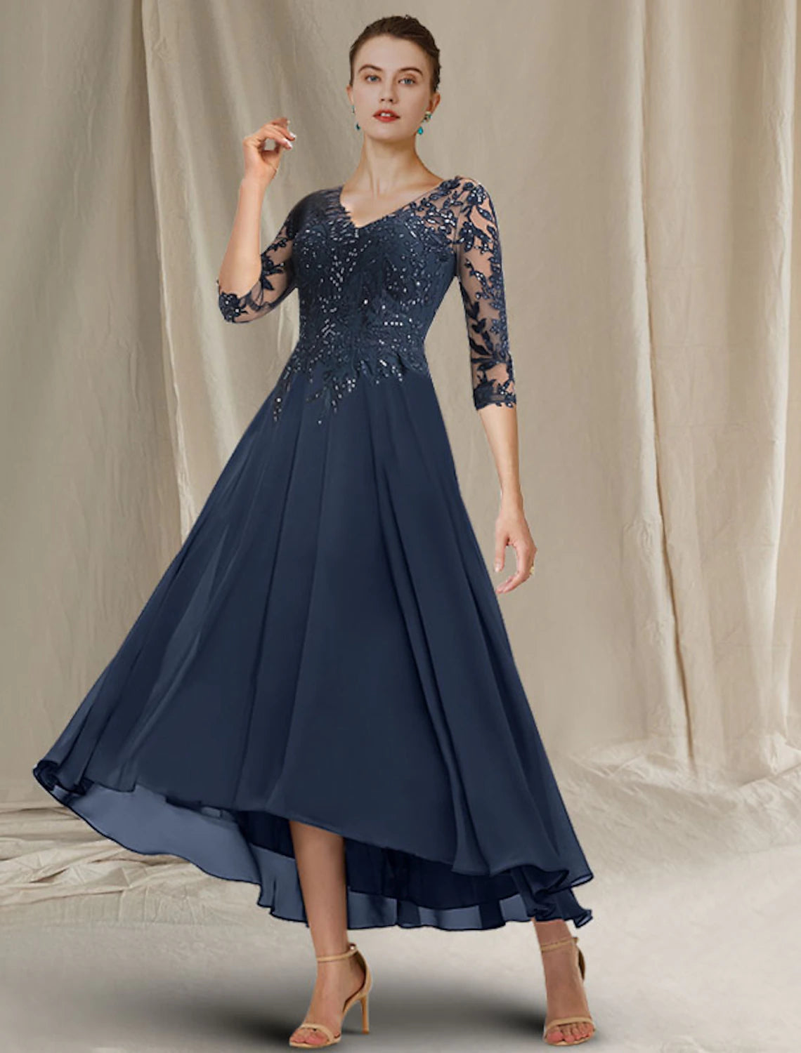 A-Line Mother of the Bride Dress Elegant Sparkle & Shine High Low V Neck Asymmetrical Tea Length Chiffon Lace Half Sleeve with Sequin Ruffles Appliques