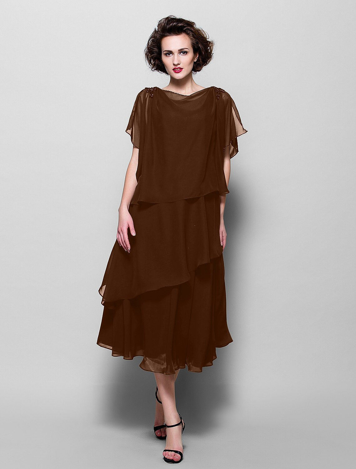 A-Line Mother of the Bride Dress Elegant Plus Size Cowl Neck Tea Length Chiffon Short Sleeve with Ruffles Crystal Brooch