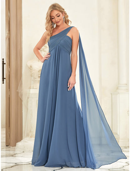 A-Line Evening Gown Empire Dress Wedding Guest Formal Evening Floor Length Sleeveless One Shoulder Bridesmaid Dress Chiffon Backless with Pleats Draping