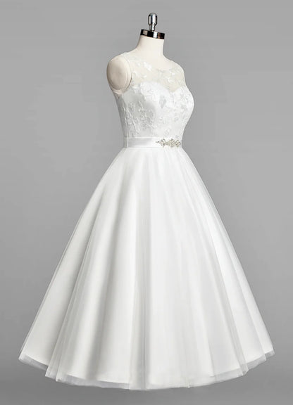 A-Line Neck Sleeveless Tulle Tea-Length Wedding Dress