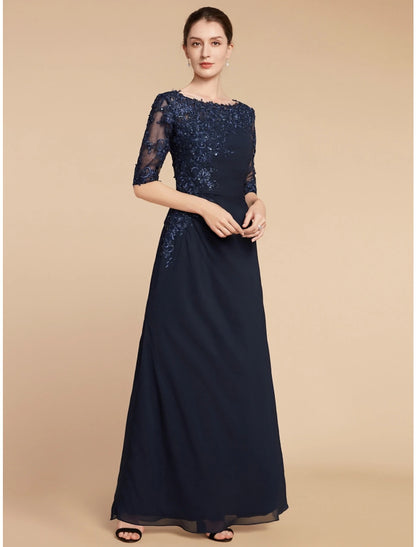 Sheath / Column Mother of the Bride Dress Wedding Guest Elegant Scoop Neck Ankle Length Chiffon Lace Half Sleeve with Sequin Ruching Solid Color