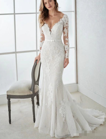 Engagement Formal Fall Wedding Dresses Mermaid / Trumpet V Neck Long Sleeve Sweep / Brush Train Lace Open Back Bridal Gowns With Summer Wedding Party