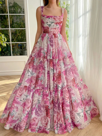 A Line Floral Long Prom Dress