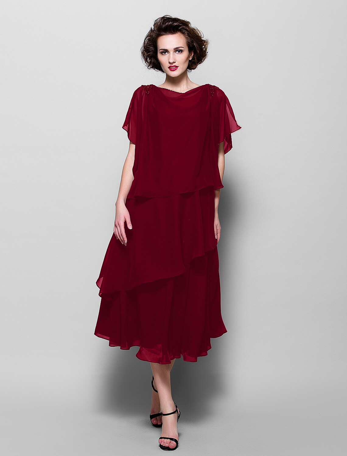 A-Line Mother of the Bride Dress Elegant Plus Size Cowl Neck Tea Length Chiffon Short Sleeve with Ruffles Crystal Brooch