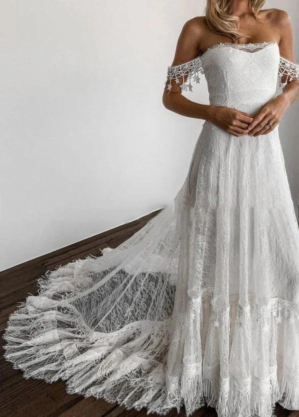 Beach Boho tassel Chic Lace Wedding Dress
