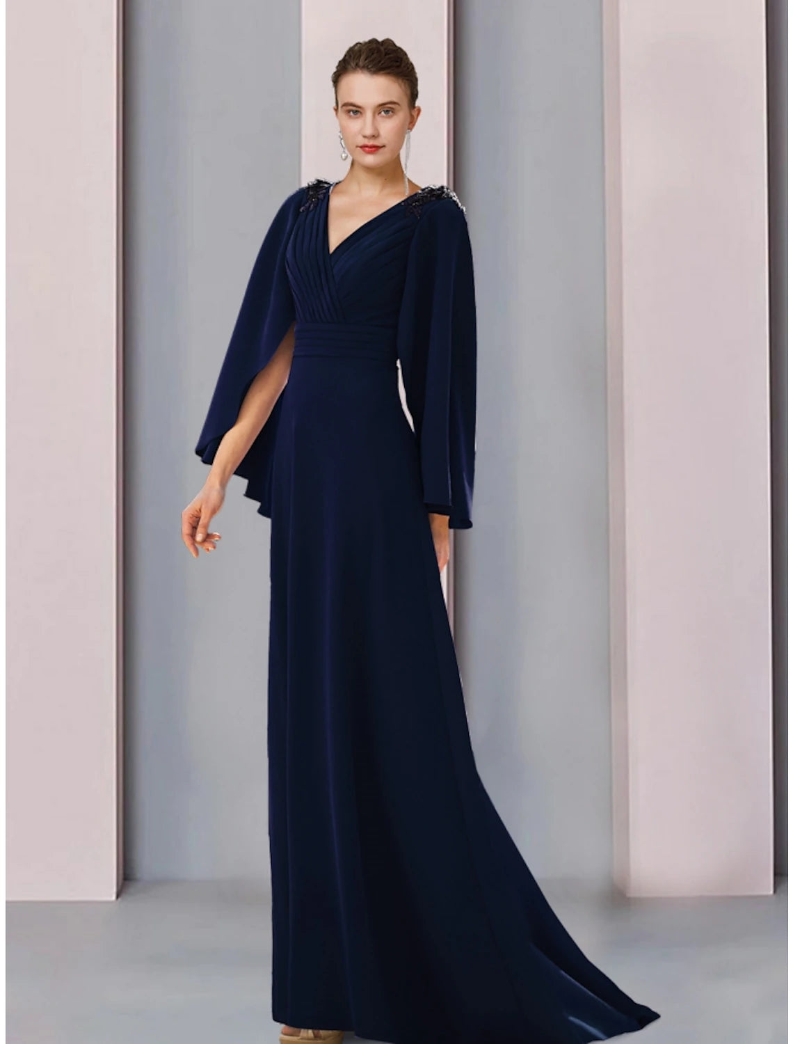 A-Line Mother of the Bride Dress Wedding Guest Elegant V Neck Sweep / Brush Train Stretch Chiffon Long Sleeve with Sequin Ruching Solid Color