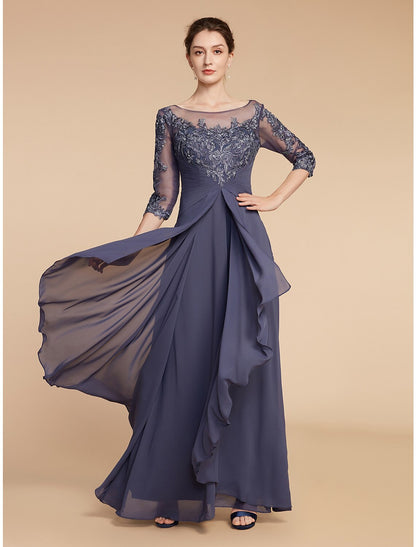 A-Line Mother of the Bride Dress Elegant V Neck Floor Length Chiffon Lace 3/4 Length Sleeve with Ruffles Appliques