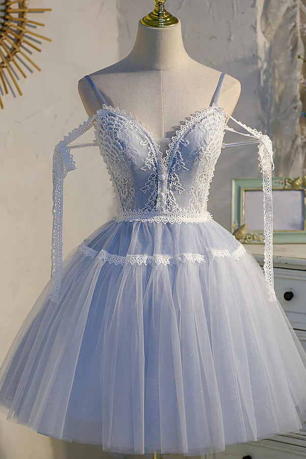 A Line Tulle Lace V Neck Homecoming Dress