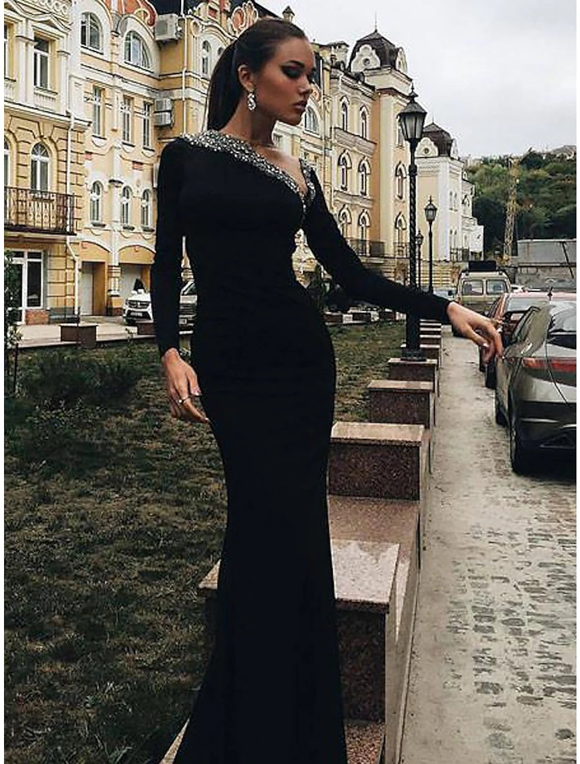 Mermaid / Trumpet Evening Gown Open Back Dress Wedding Guest Engagement Floor Length Long Sleeve V Neck Stretch Fabric with Crystals Beading