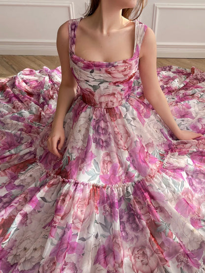A Line Floral Long Prom Dress