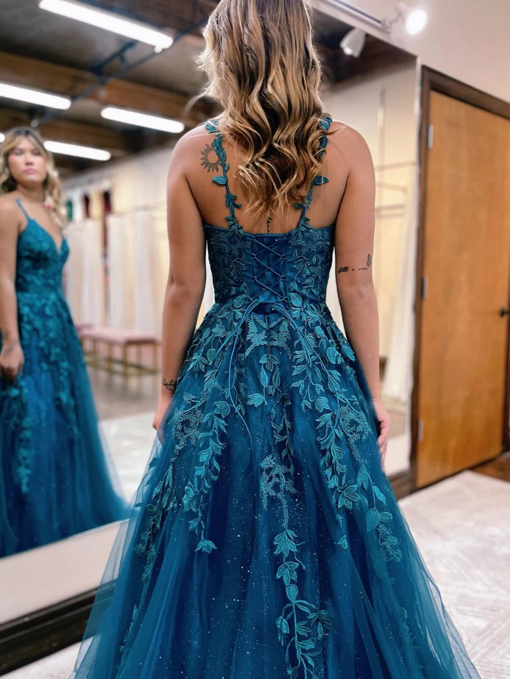 A Line Glitter Tulle Lace Prom Dress