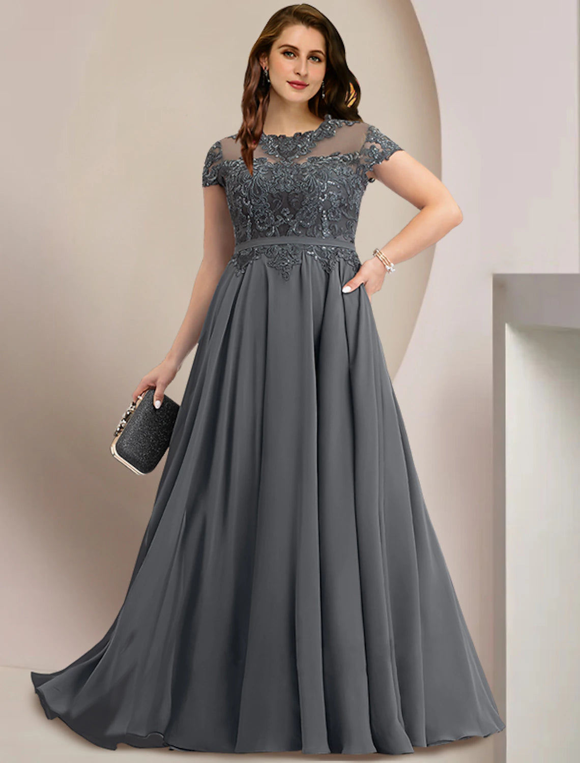 Plus Size Curve Mother of the Bride Dress Wedding Guest Elegant Party Jewel Neck Floor Length Chiffon Lace Short Sleeve with Pleats Sequin