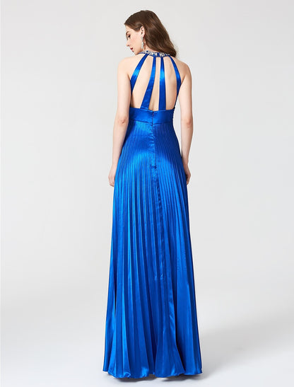 A-Line Beautiful Back Dress Holiday Cocktail Party Floor Length Sleeveless Jewel Neck Satin with Pleats Beading