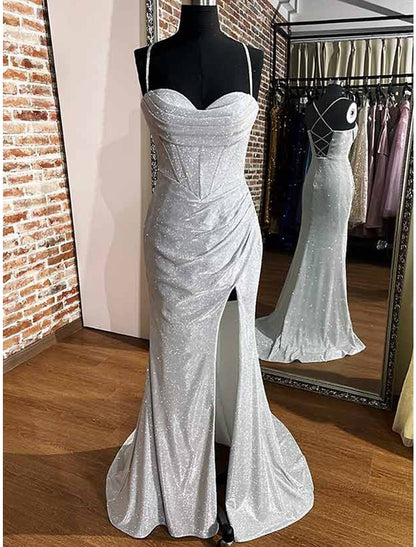 Sheath / Column Prom Dresses Corsets Dress Wedding Guest Wedding Party Sweep / Brush Train Sleeveless Cowl Neck Fall Wedding Reception Sequined with Glitter Ruched Slit