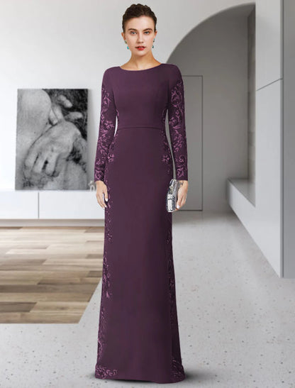 Sheath / Column Mother of the Bride Dress Formal Wedding Guest Party Elegant Scoop Neck Floor Length Chiffon Lace Long Sleeve with Sash / Ribbon Appliques