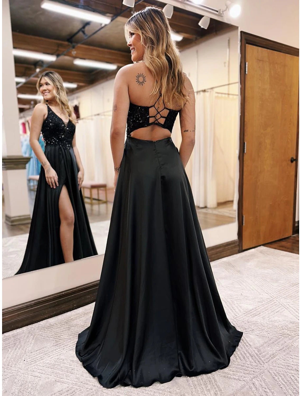 A-Line Evening Gown Empire Dress Formal Prom Floor Length Sleeveless V ...