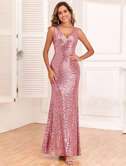 Mermaid / Trumpet Evening Gown Elegant Dress Evening Party Prom Floor Length Sleeveless V Neck Bridesmaid Dress Sequined Backless with Sequin