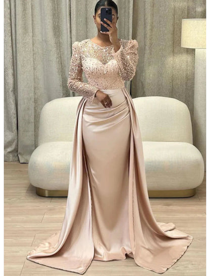 Mermaid Sequin Evening Gown Ruched Satin Dress Long Sleeves Floor Length Sparkle Illusion Neck Prom Wedding Guest Dress with Pearls Overskirt