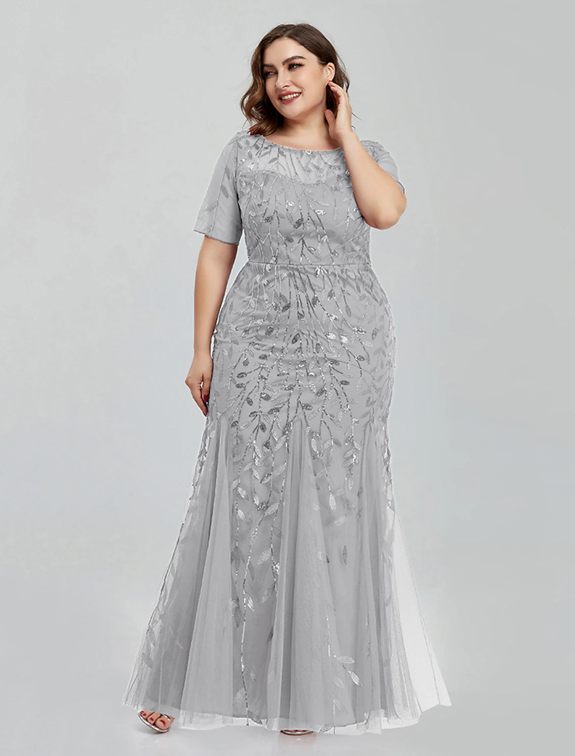 Mermaid / Trumpet Evening Gown Empire Dress Wedding Guest Formal Evening Floor Length Short Sleeve Jewel Neck Bridesmaid Dress Tulle with Embroidery