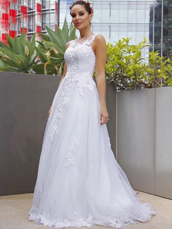 A-Line/Princess Sleeveless Tulle Lace Scoop Sweep/Brush Train Wedding Dresses
