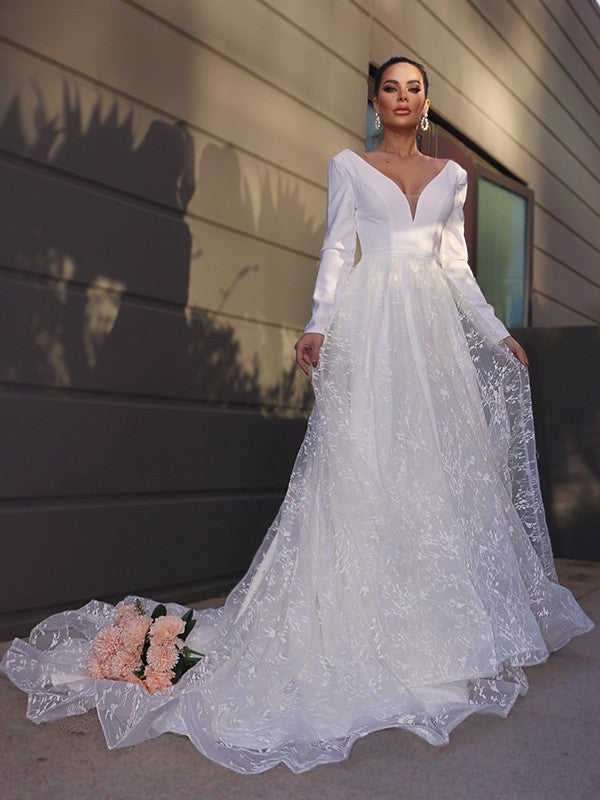 A-Line/Princess V-neck Long Sleeves Lace Applique Sweep/Brush Train Wedding Dresses
