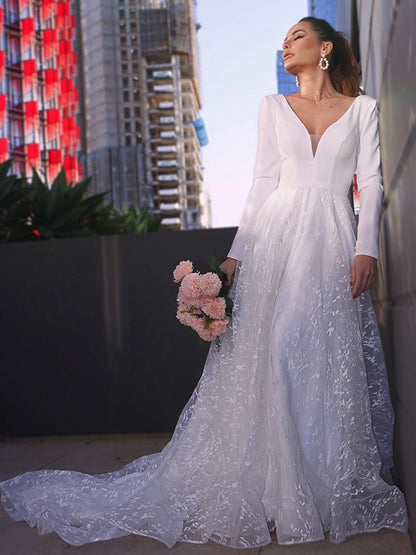 A-Line/Princess V-neck Long Sleeves Lace Applique Sweep/Brush Train Wedding Dresses