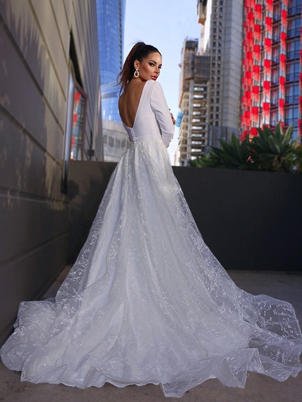 A-Line/Princess V-neck Long Sleeves Lace Applique Sweep/Brush Train Wedding Dresses