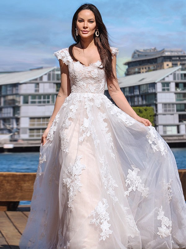 A-Line/Princess Tulle Applique Off-the-Shoulder Sleeveless Sweep/Brush Train Wedding Dresses