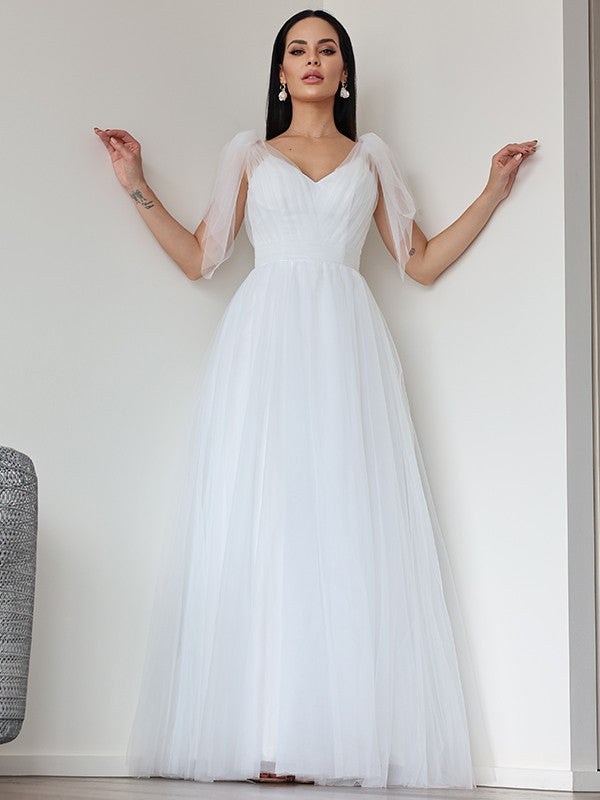 A-Line/Princess Tulle Ruffles V-neck Sleeveless Floor-Length Wedding Dresses