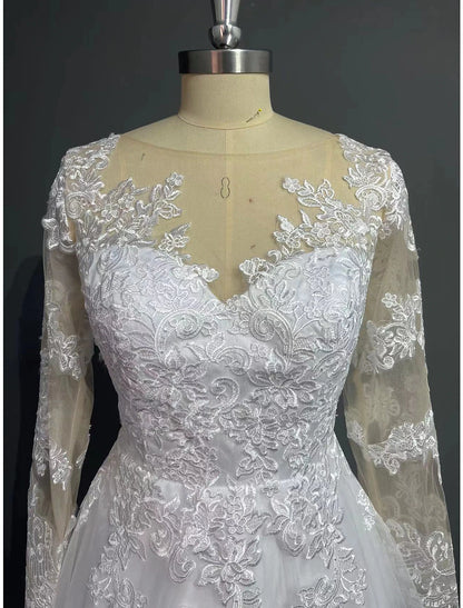 Open Back Formal Wedding Dresses A-Line Illusion Neck Long Sleeve Court Train Lace Bridal Gowns With Beading Appliques