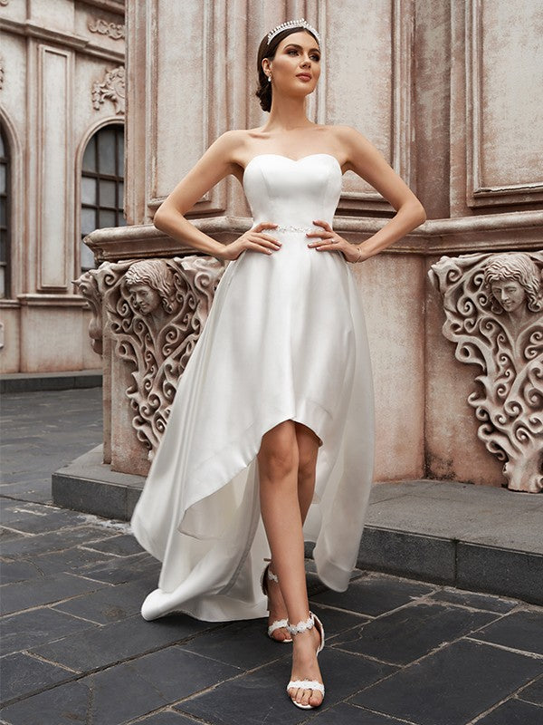 A-Line/Princess Sweetheart Satin Ruffles Sleeveless Asymmetrical Wedding Dresses