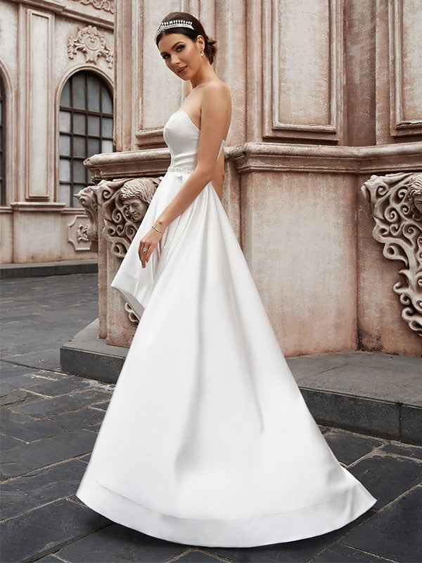 A-Line/Princess Sweetheart Satin Ruffles Sleeveless Asymmetrical Wedding Dresses