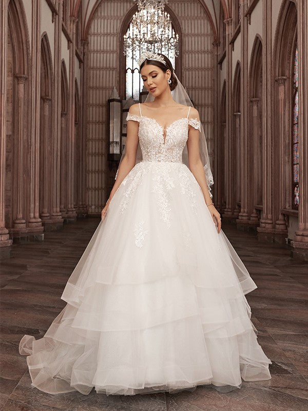 A-Line/Princess Tulle Applique Sweetheart Sleeveless Sweep/Brush Train Wedding Dresses