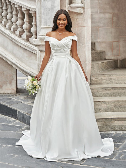 A-Line/Princess Off-the-Shoulder Ruched Sleeveless Satin Court Train Wedding Dresses