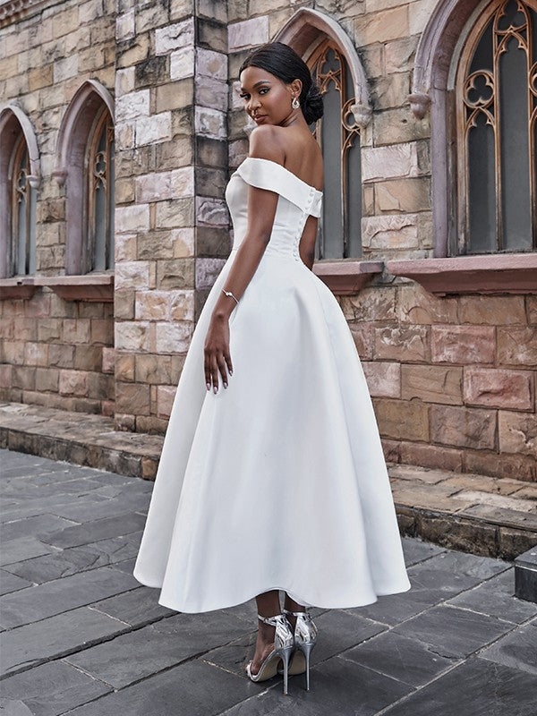 A-Line/Princess Satin Ruffles Off-the-Shoulder Sleeveless Ankle-Length Wedding Dresses